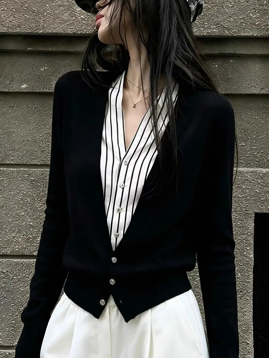 Slimming Black Open Cardigan Versatile Commute Style Spring Autumn Outerwear Soft Trendy Fake Two-Piece Popular Online
