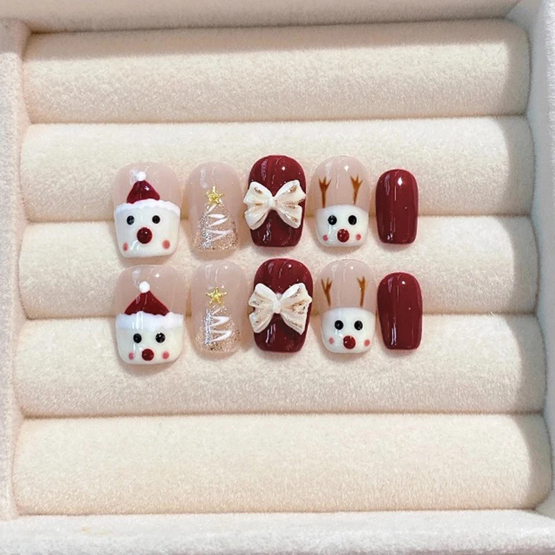

10Pcs Handmade Christmas Press on Nails Cute Elk Bow Dee Short Style Nails Patch Wearable Detachable Red Fake Nail Patches
