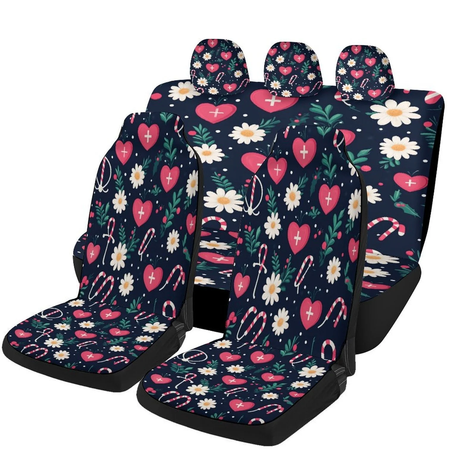 Christmas Hearts Flowers Candy Canes Themed Car Seat Cover Set | Trendy High-quality Polyester Universal Fit Car Seat Protector