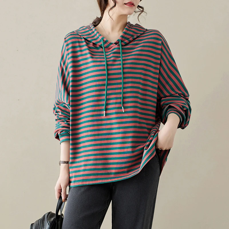 봄 가을 루즈 캐주얼 드로스트링 안티에이징 순면 후드티 여성 티셔츠 예술적 컬러풀 스트라이프 스웨트셔츠