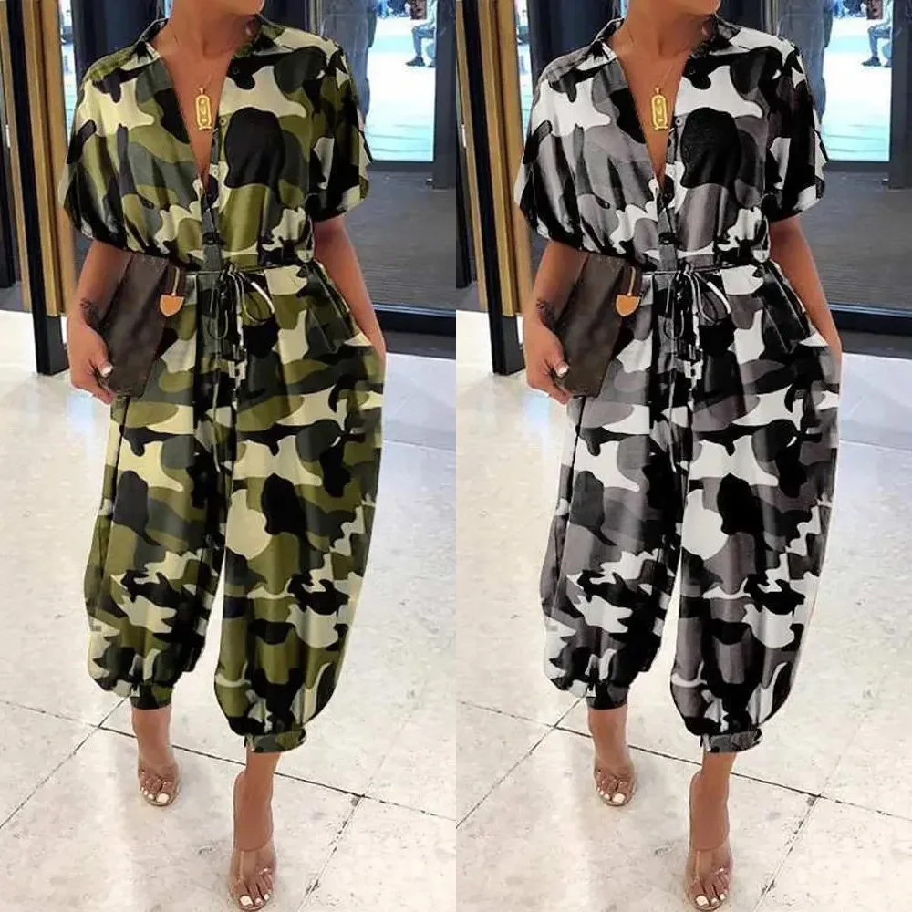 Camouflage Short Sleeved Lapel Jumpsuit for Women High Waist Streetwear Office Regular Fit Overall Romper Party Prom Jumpsuits