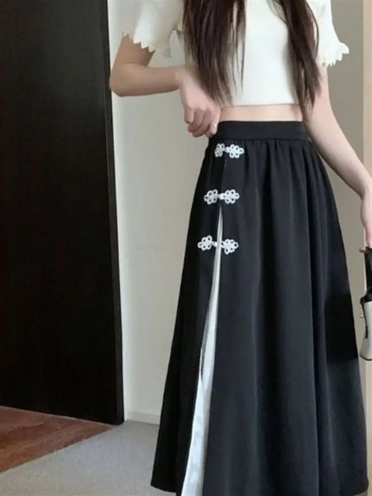 

Новая летняя юбка А-силуэта с высокой талией и пуговицами в китайском стиле для полных женщин, с разрезом, длинная