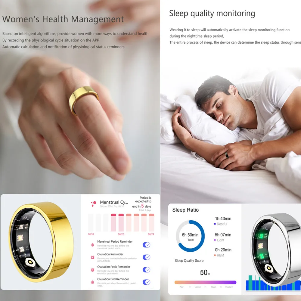 Трек здоровья Смарт-кольцо для занятий спортом Мужчины Пульсометр Сон Кислород в крови HRV Стресс Менструальный цикл для женщин Женщин Леди