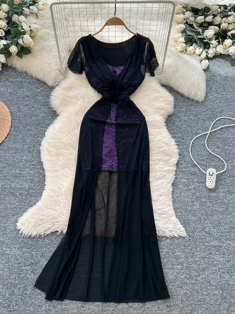 夏の女性の半袖メッシュドレスハイウエストAラインスカートデザインスパンコールパッチワークエレガントロングドレス通勤韓国スタイル