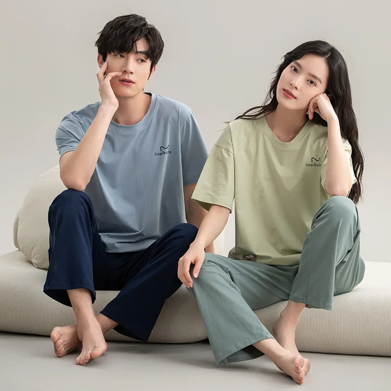 

2024 New Couple Pajama Women's Spring Cotton Short Sleeve Set Soft Men's Plus-size Summer O-neck Loungewear pijamas para parejas