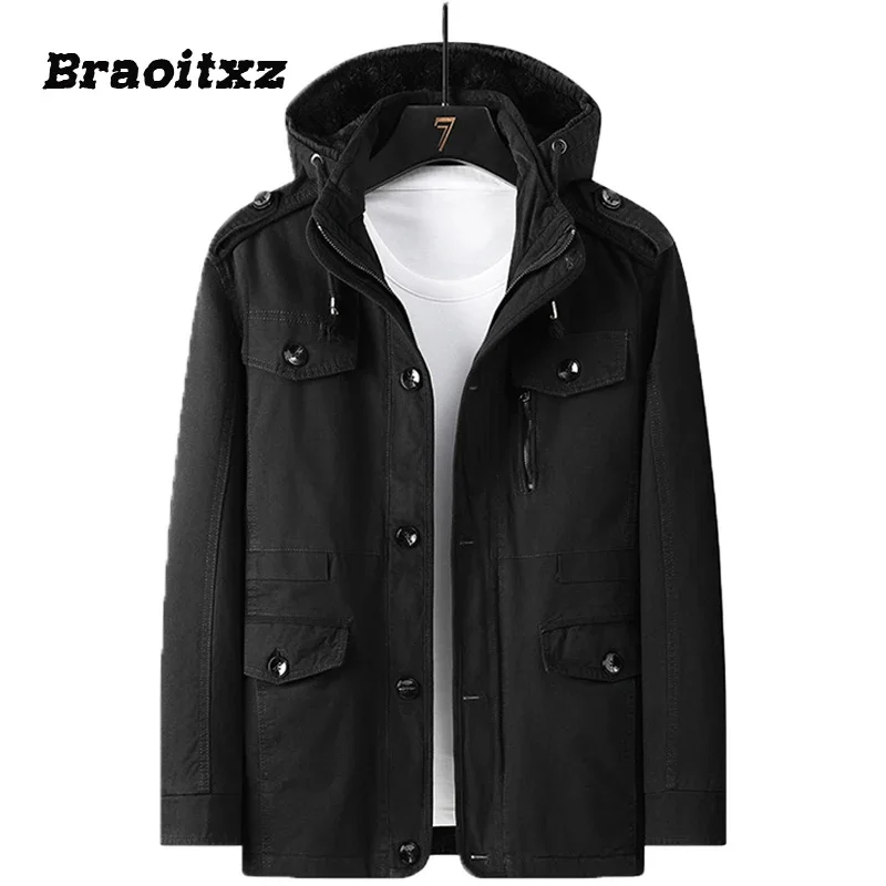 

2024 New Men Autumn Winter Fashion Casual Windproof Keep Warm Cargo Jacket Detachable Hooded Multiple Pockets