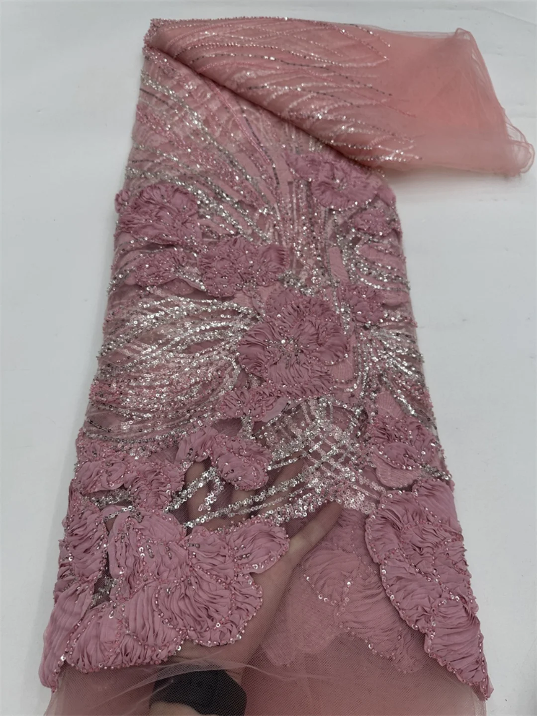 

2026 Latest African Beaded Sequins Lace Fabric Embroidery Lace French Nigerian 3D Applique Tulle Lace for Bridal Wedding Dresses