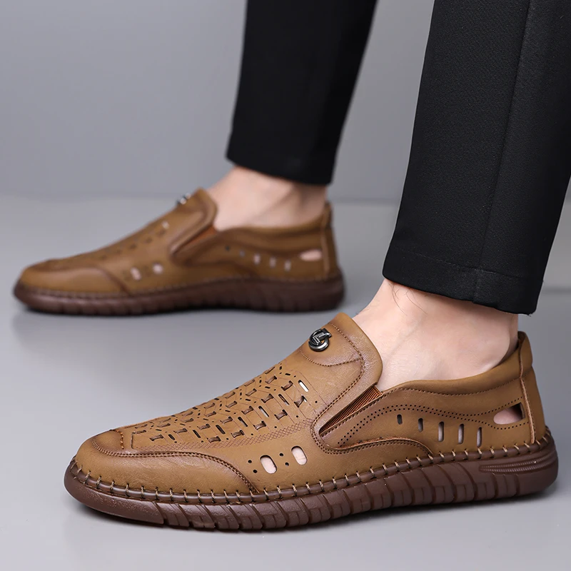 Men Summer Hollow Out Leather Sandals Slip On Breathable Loafers Hand Stitched Non-slip Soft Sole Casual Driving Business Comfor
