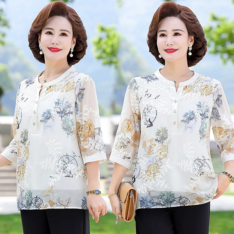 Elegant Fashion Printed embroidery Gauze  Blouse Shirt Summer Half sleeve V-Neck Loose Pullover Tops Women Clothing