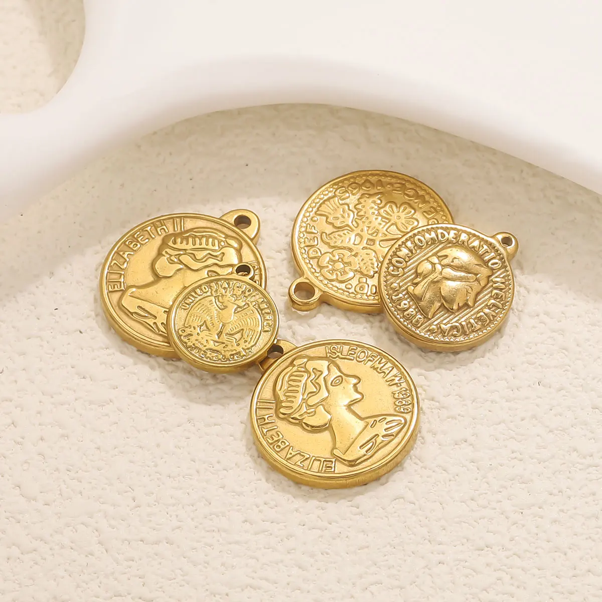 5pcs Stainless Steel Gold-plated Round Coin Charms Waterproof DIY Necklace Earring Bracelet Jewelry Making Accessories Wholesale