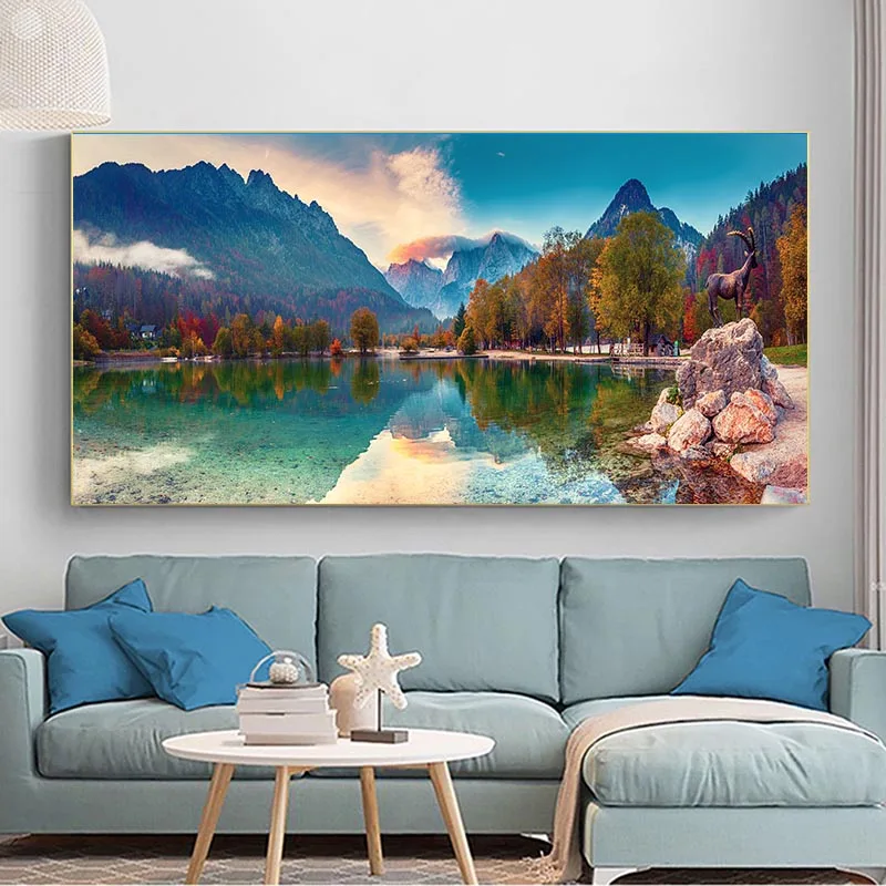 Natural Landscape Posters and Prints Lake Mountain Canvas Painting Wall Art Pictures Home Decoration Sunset Cuadros No Frame