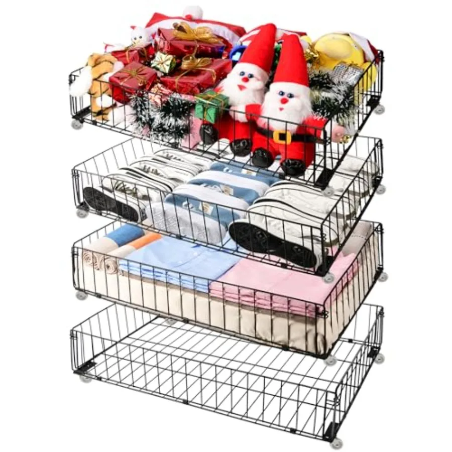 

4 PACK Under bed Storage Containers With Wheels, Under bed Basket, Rolling Under Bed Drawer Organizer For Shoes Clothes Books T