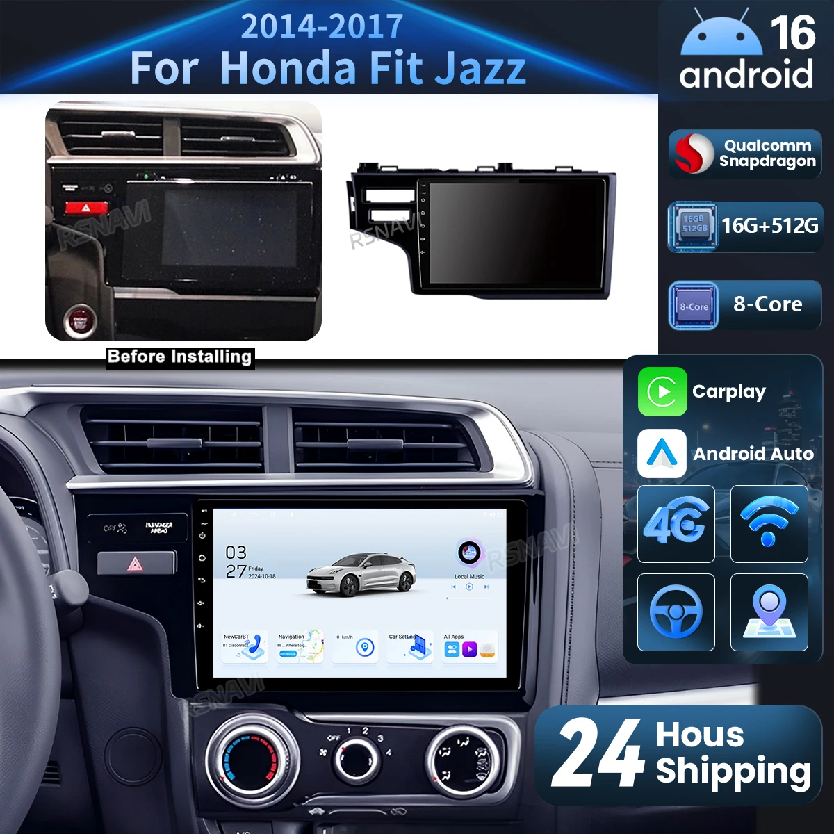 

Android 16 Carplay Auto Car Radio Multimedia Player For Honda Fit Jazz 2014 2015 2016 2017 GPS Stereo Qualcomm 16G-512G WIFI