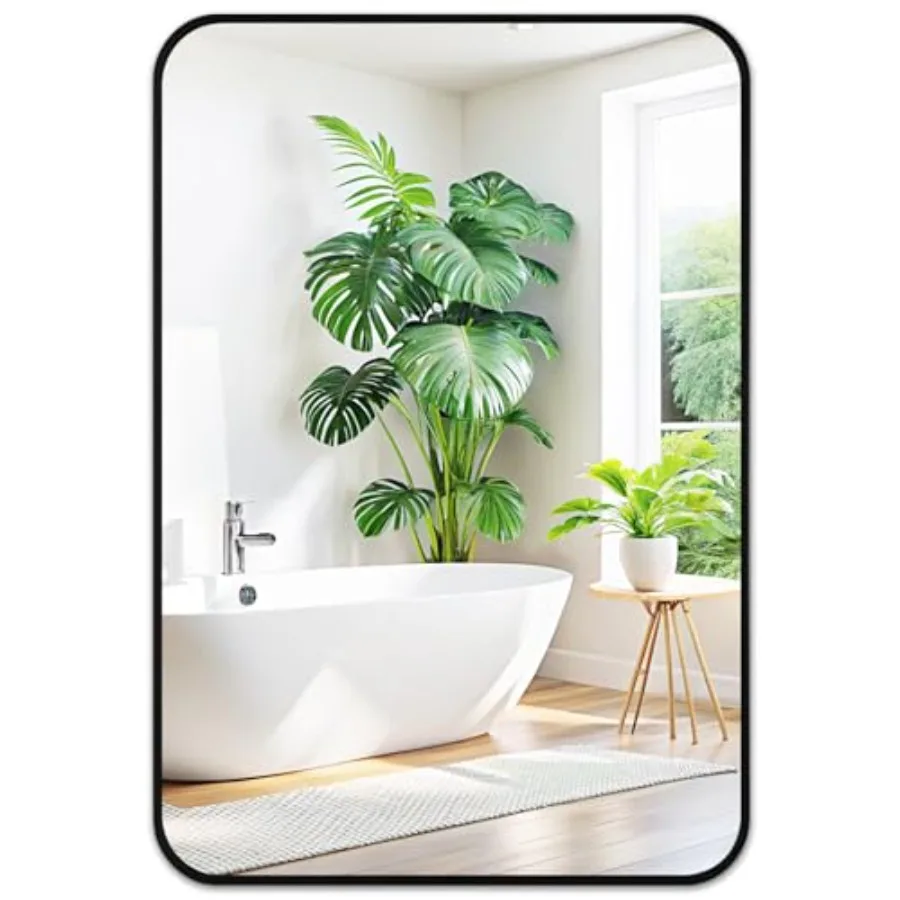 

Black Bathroom Mirror for Over Sink - 20x30 Matte Metal Framed Wall Mirror Rounded Rectangular Vanity Mirrors for Living Room B