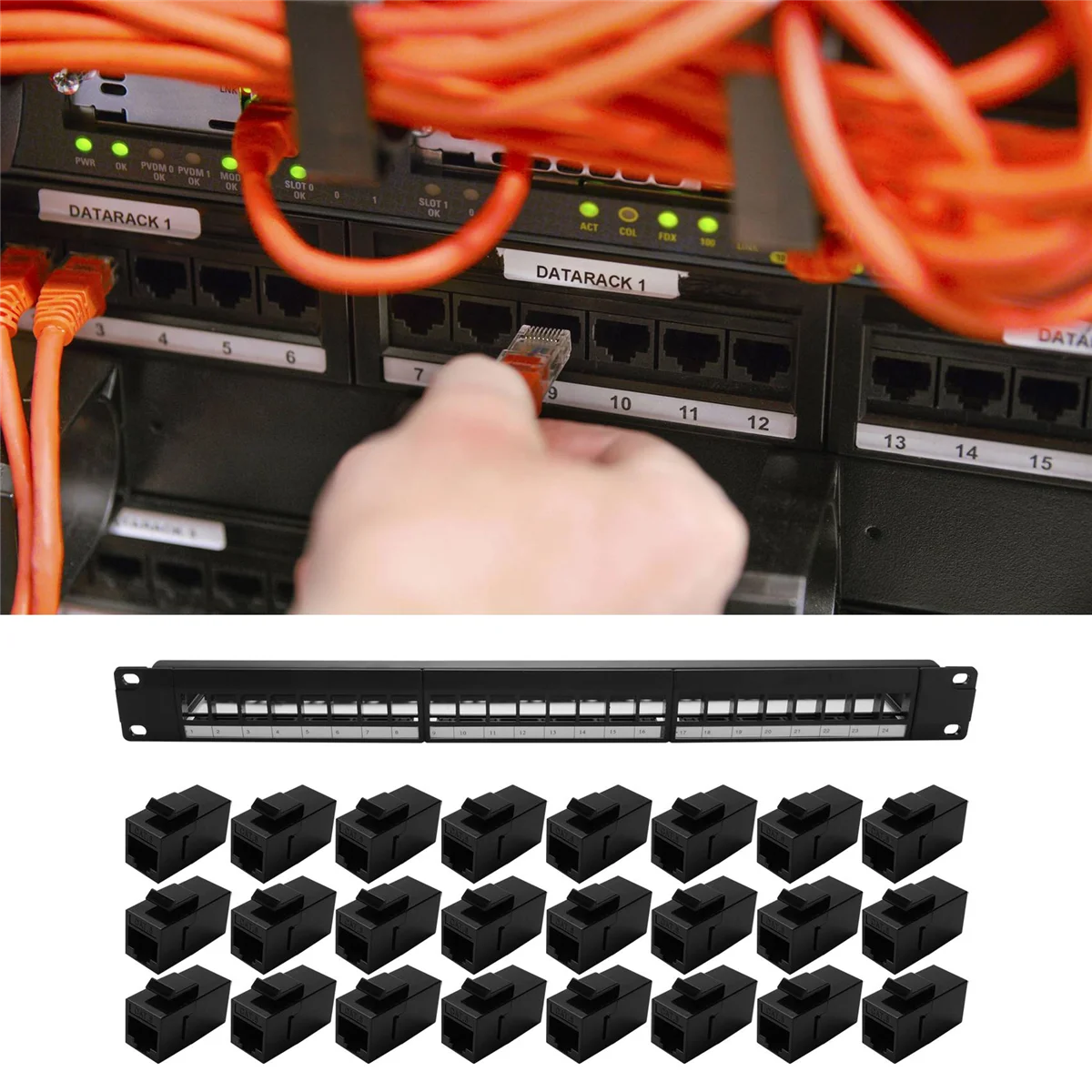 19Inch 1U Cabinet Rack Pass-Through 24 Port CAT6 Patch Panel RJ45 Cable Adapter Keystone Jack Modular Frame