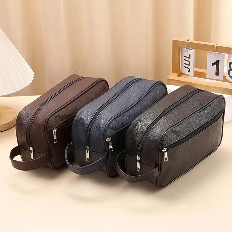 PU Leather Travel Bag para homens, Sacos de maquiagem com zíper, Saco de higiene pessoal empresarial Organizador de cosméticos de grande capacidade