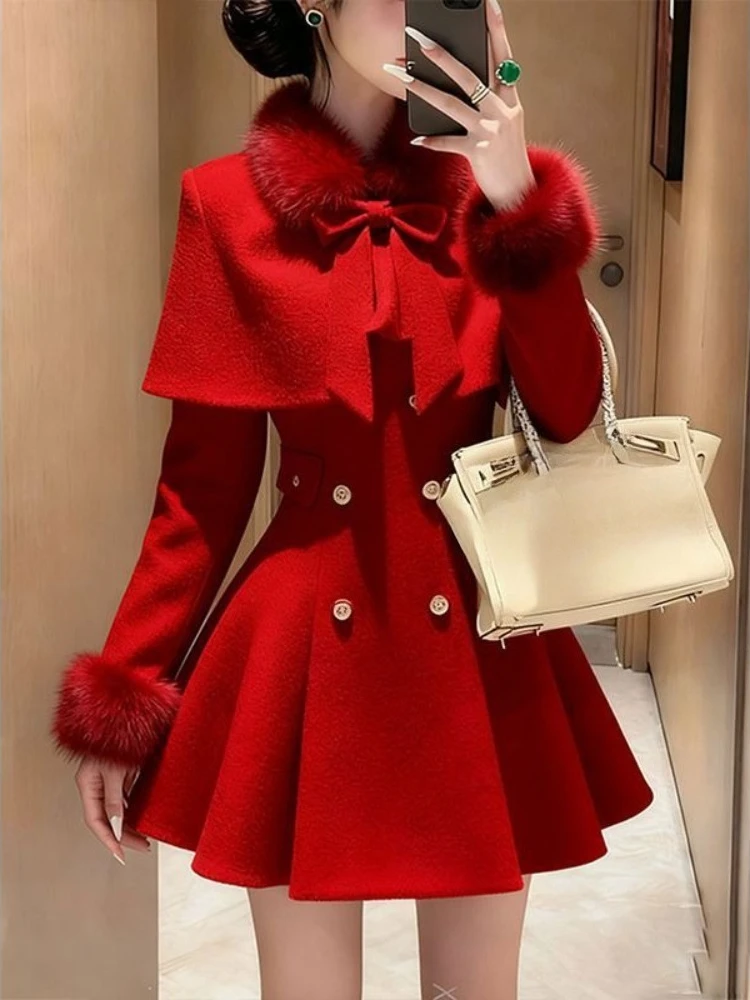 French Elegant Vintage Woolen 2 Piece Set Women Faux Fur Collar Cape + Fit Chic Dress New Winter A-Line Retro Party Outfits 2025