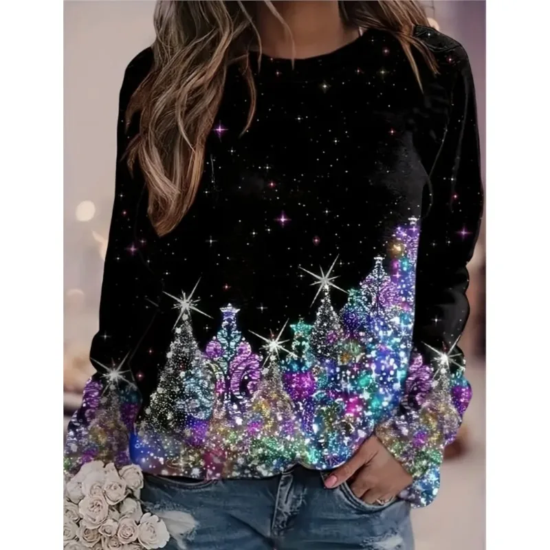 New women\'s round neck T-shirt long sleeved top with Christmas tree printed patterns comfortable and casual style women\'s top