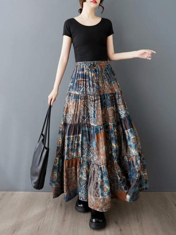 Ele مجردة طباعة الحرير f تنورة ألف خط ماكسي الصيف خمر حجم كبير المرأة Faion التخسيس عالية الخصر تنورة طويلة #4