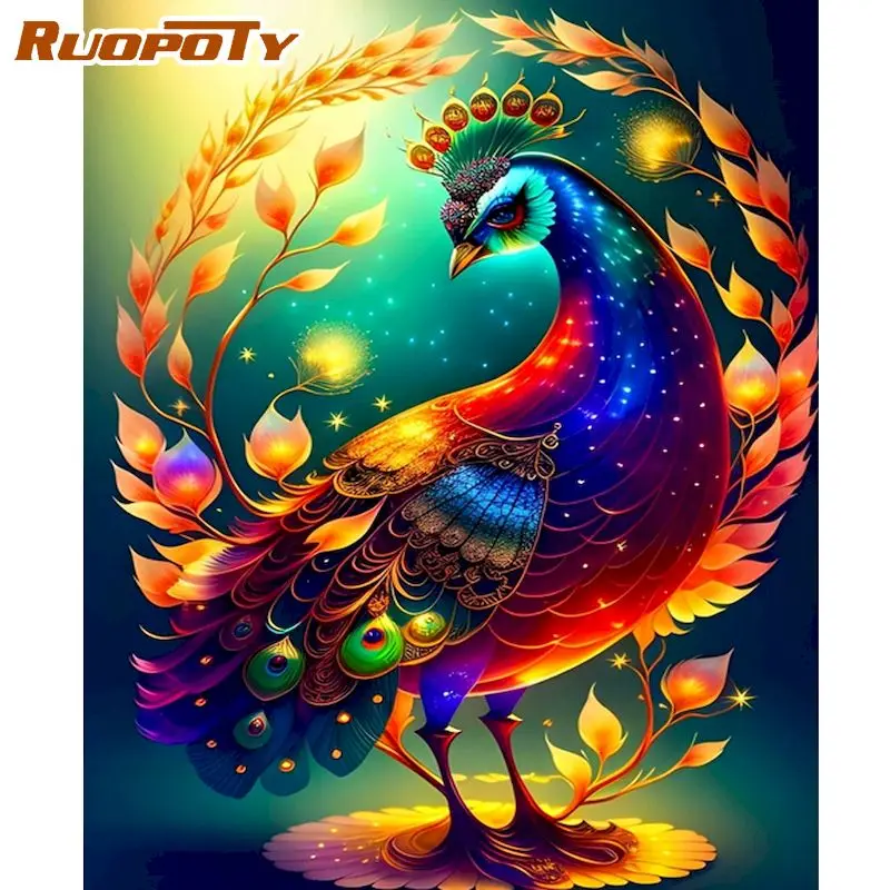 

RUOPOTY Diy Painting By Numbers For Adults Modern Picture Colorful Peacock Animals Handpainted Acrylic Paint On Canvas For Home