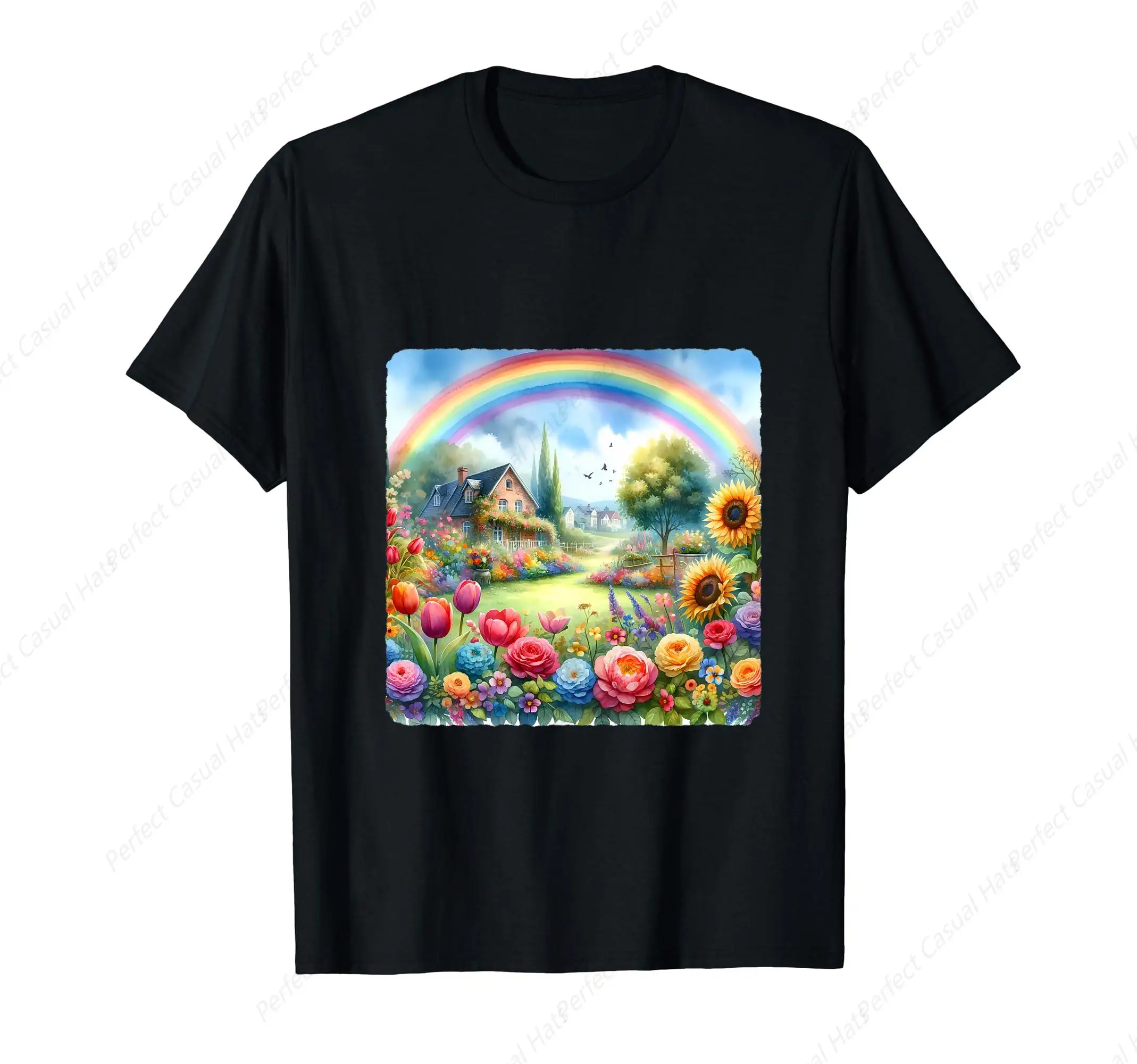 

Vintage Beautiful Rainbow Over Garden With Blooming Flowers Tulips Roses T-Shirt Classic O-Neck Tee Unisex