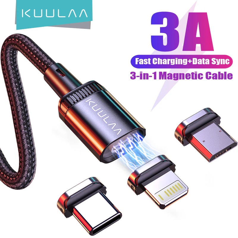 KUULAA 3A Magnetic Charging Cable Led USB Micro Type c Cable Fast Charger Cable  For iphone 16 15 14 13 Xiaomi Samsung Cord