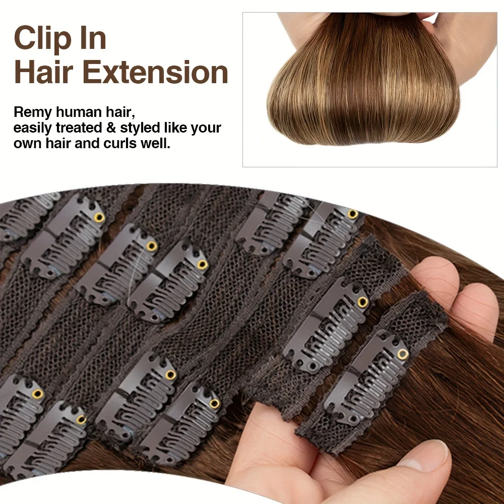 Clip em extensões de cabelo humano para mulheres, cabelos lisos, cabelo remy, marrom destaques, loira Clip Ins, 26in, #4/27