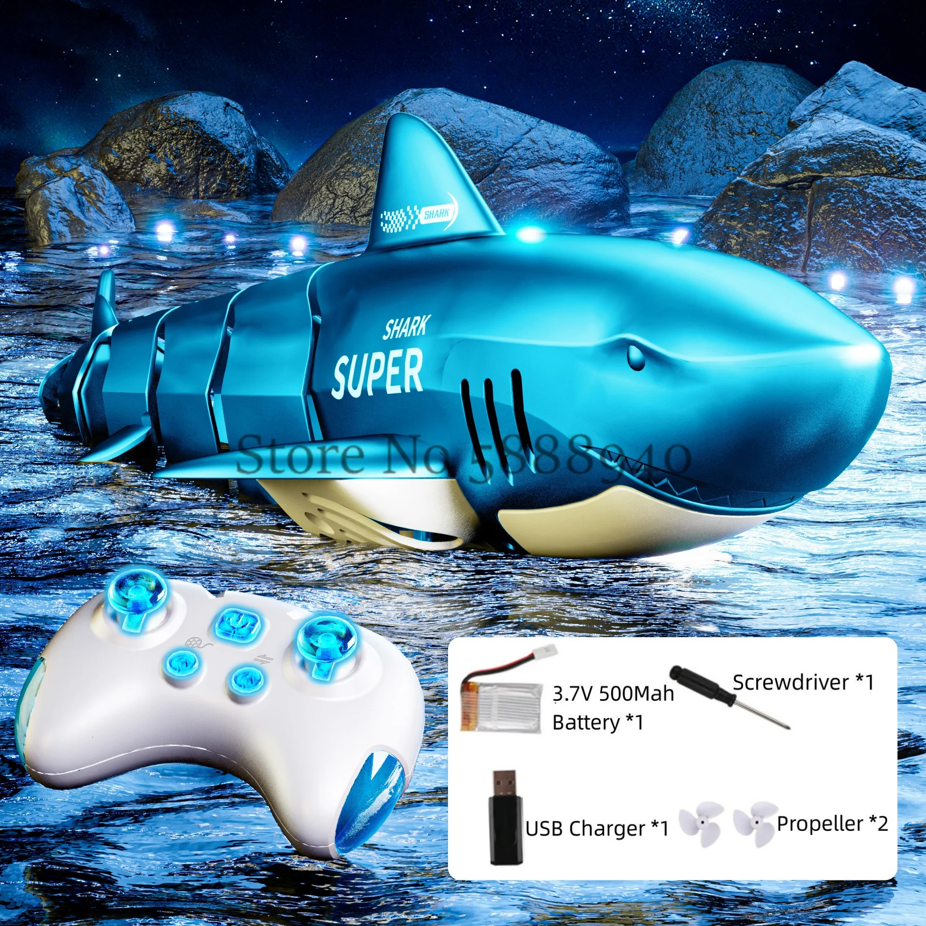 Barco de tubarão com controle remoto de simulação elétrica 2.4G 360 °   Gire o selo do casco anti-colisão à prova d'água com iluminação fria modelo de barco RC