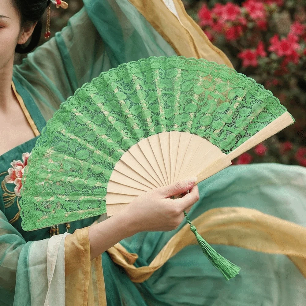 Vintage Lace Trim Folding Fan Lightweight with Tassels Hollowed-Out Fan Decorative Handheld Dance Fan Artistic Performances