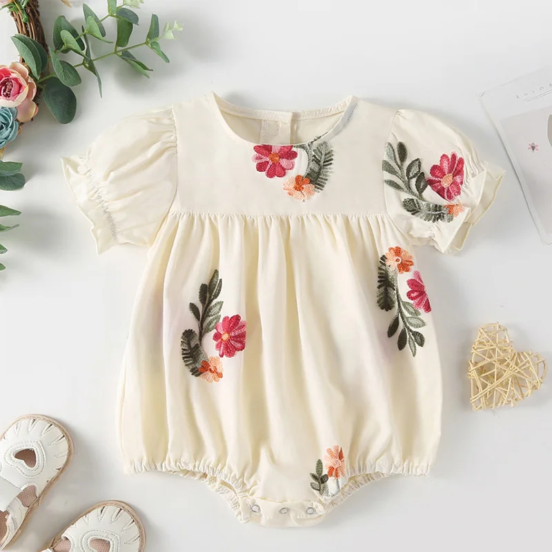 

2024 New Summer 0-24M Baby Girl Clothing Toddler Baby Girls Jumpsuit Short Sleeved Cotton Flower Embroidery Bodysuits