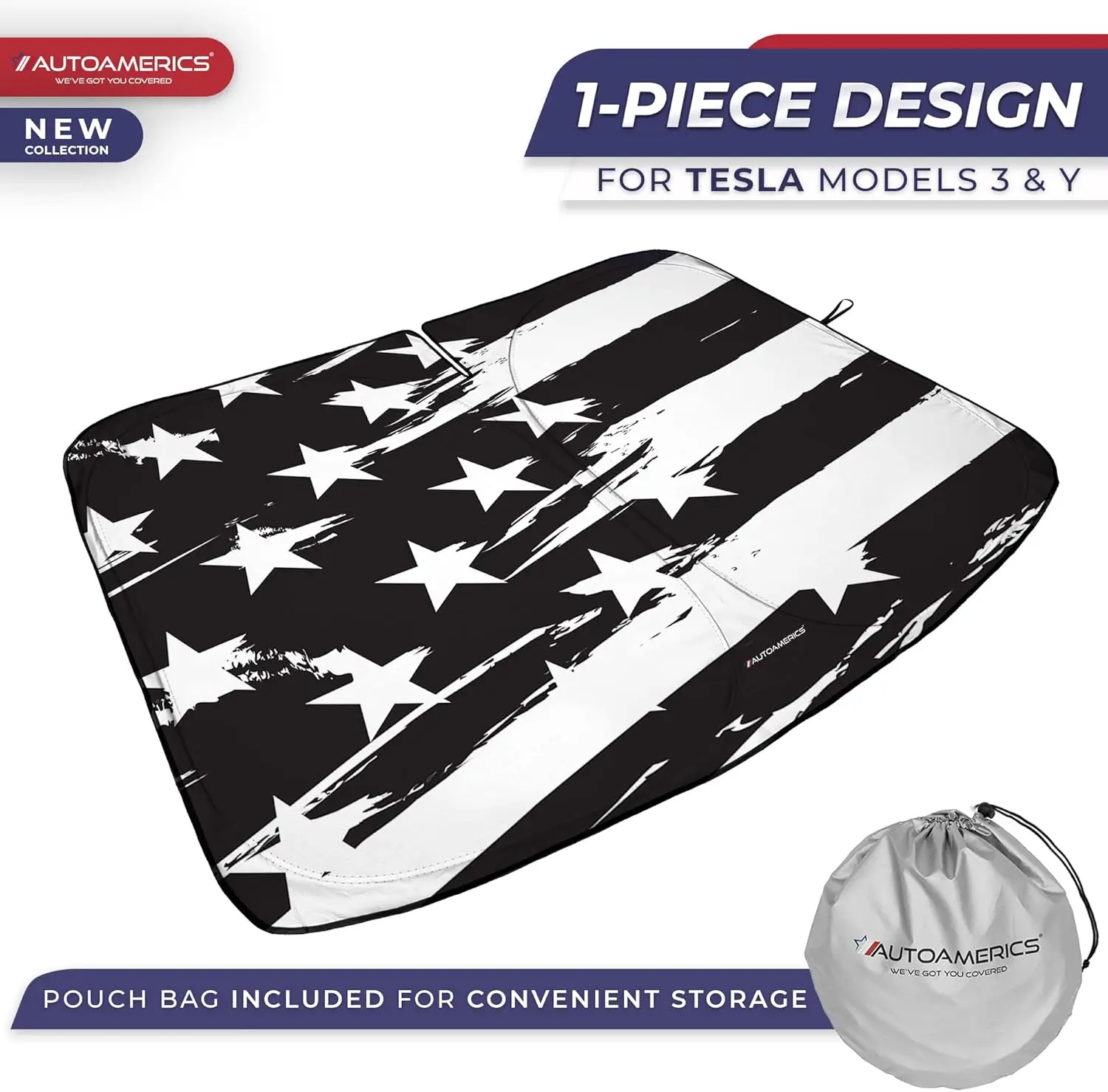 Autoamerics 1-Piece Tesla Model Y Sunshade & Tesla Model 3 Sunshade USA B&W Art Flag - Special Design for Model Y &