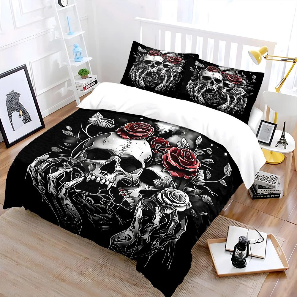 Skulls, Roses, and Skeleton Hands Art Print Soft Comfortable Duvet Cover Bedding Set Included 1*Duvet Cover  2*Pillowcases