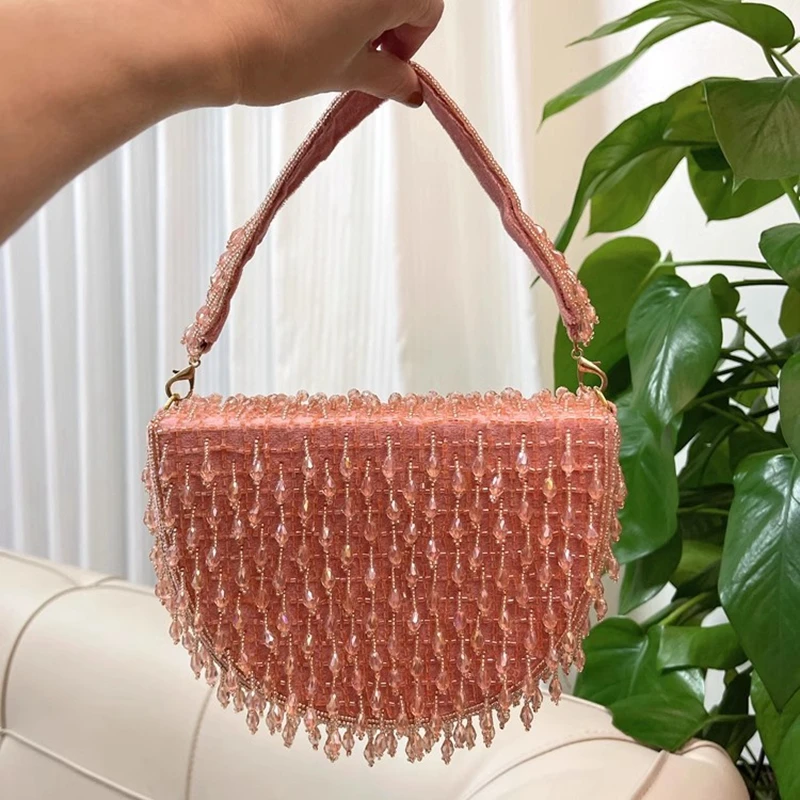 DOYUTIG Brand Indian Pink Handmade Crystal Tassel Handbag Embroidery Semi-circle Crossbody Single Shoulder Armpit Saddle N023