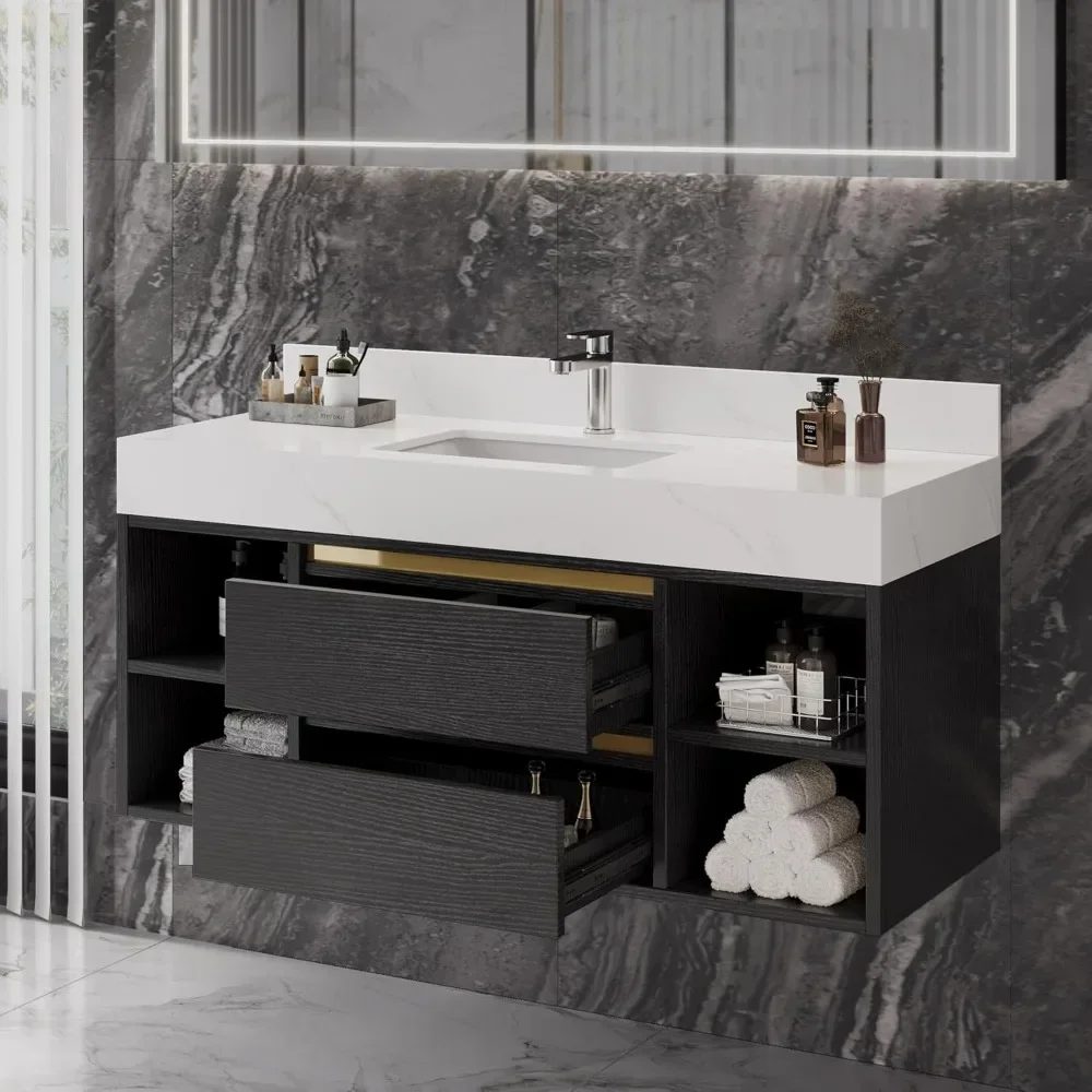 48 Inch Floating Vanity Bathroom, Wall Mounted Vanity with Ceramic Sink Included 2 Drawers and Shelves, Soft-Close Design