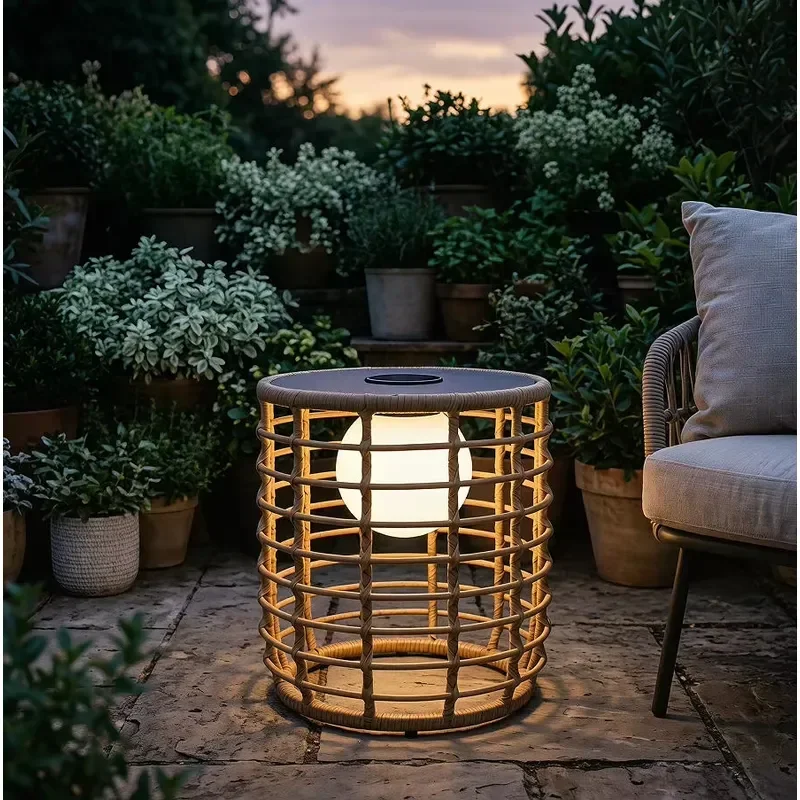 Outdoor Floor Solar Light Patio Lamp Lantern - Natural Coffee Table Set LED Deck Lamp for Porch, Yard, Garden, Lawn
