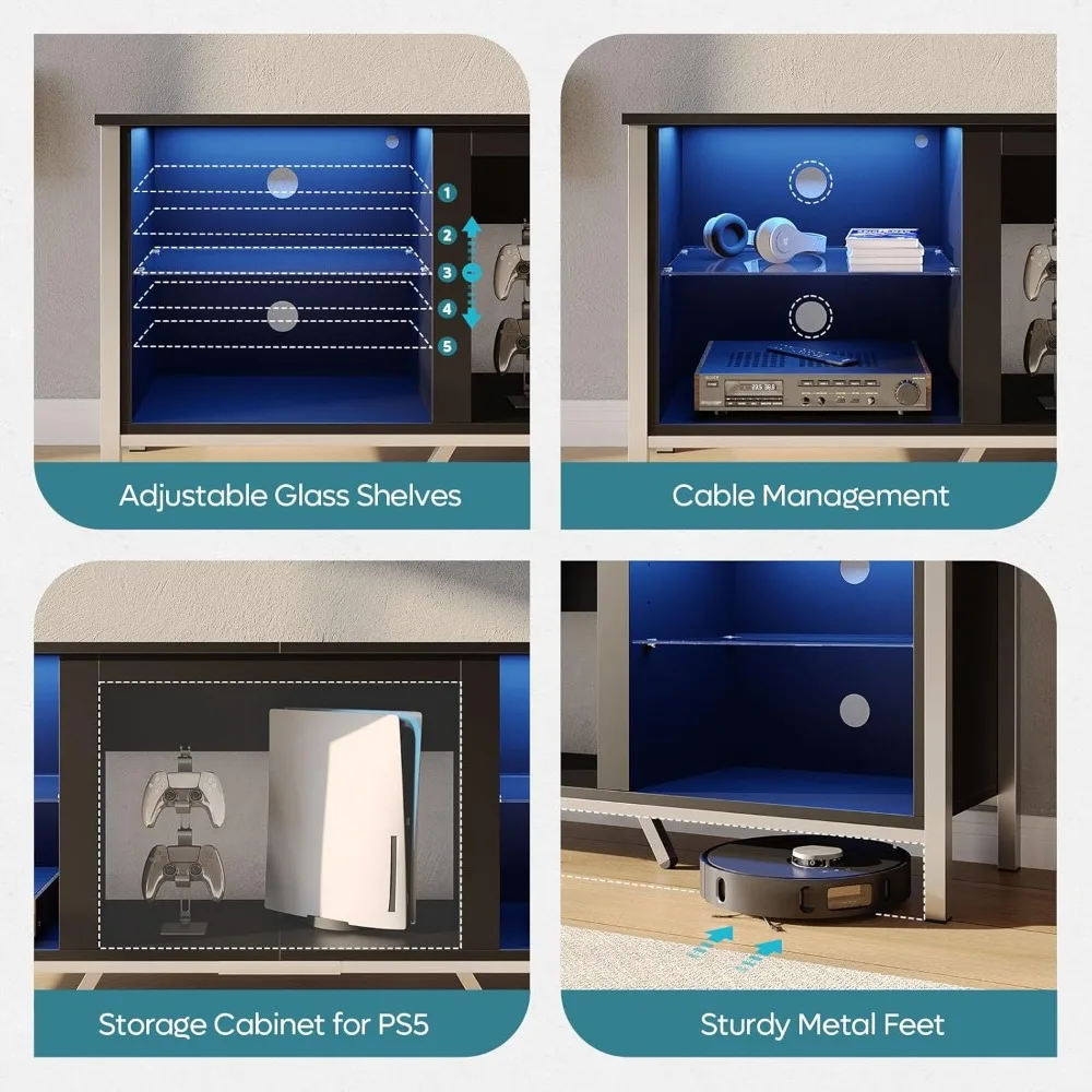 حامل تلفزيون 75 بوصة مع مركز ألعاب LED لجهاز PS5، أرفف قابلة للتعديل وأضواء LED، تصميم حديث