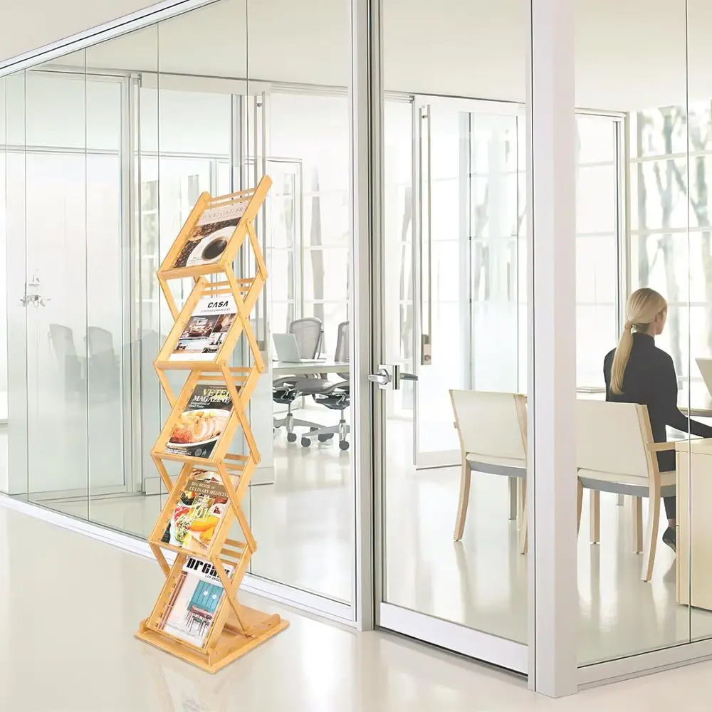 حامل مجلات A4 من الخيزران قابل للطي، حامل أرضي بـ 5 جيوب، بطول 57 للمعارض والتجزئة. #6