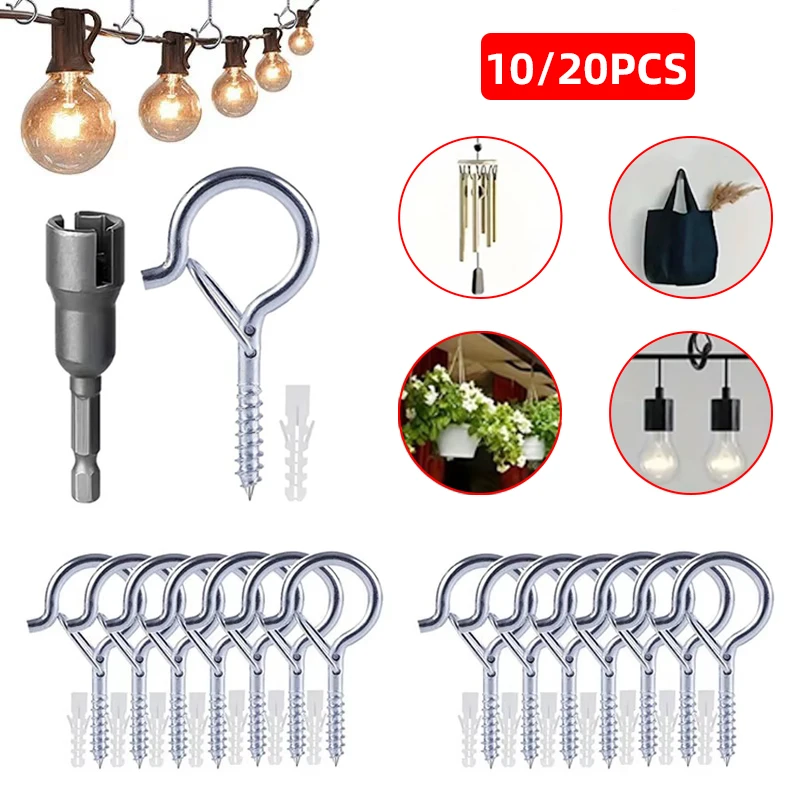 

10pcs/20pcs Hanger Hooks With Safety Buckle Windproof Screw Hooks For Hanging Outdoor String Lights Ceiling Hooks Garden Plants