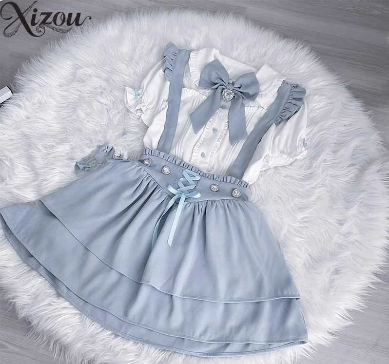 Sweet Lolita 2 Piece Set Short Sleeve Blouse Suspender Skirt Bow Decor Lace‑Up Heart Rhinestone Buttons Light Blue Angel Outfit