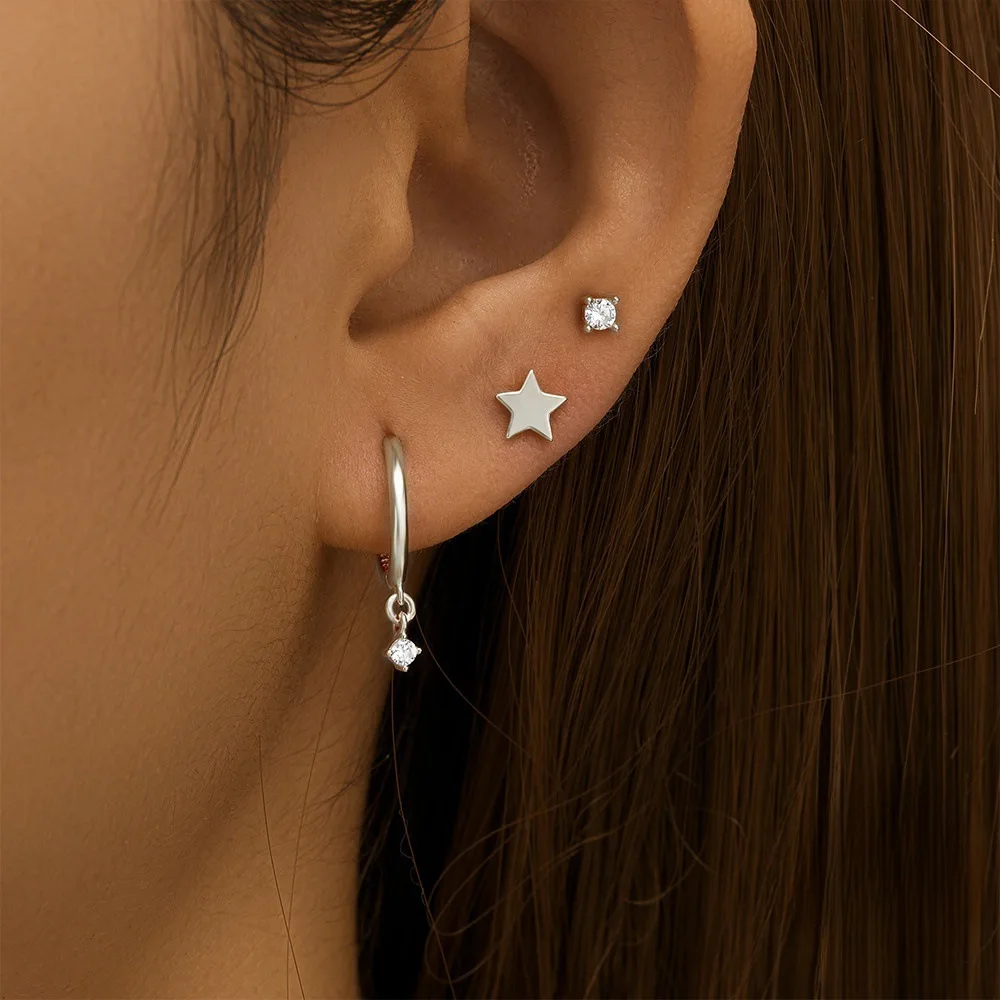 3PCS Casual Tiny Star Stud Earrings Set for Women Cubic Zircons Charm Hoops Ear Cartilage Piercing 3 Holes Mismatched Jewelry