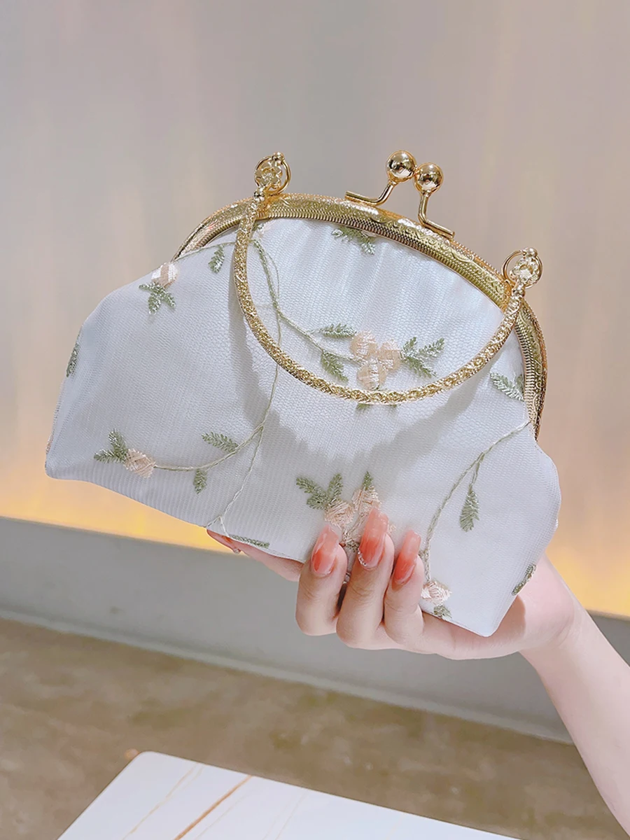 Floral Embroidery Event Clutch Bag Kiss Lock Purse Metal Chain Handbag Bridesmaid Wedding Cocktail Party Clutch