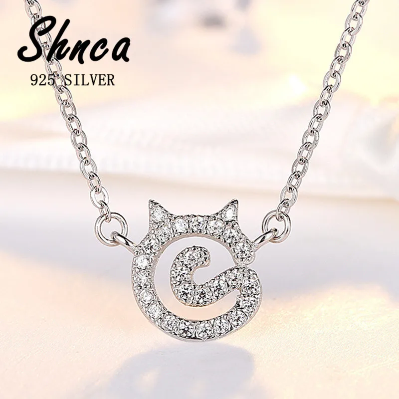 Creative Design Cartoon Fashion 925 Sterling Silver Cat Kitty Rhinestone  Clavicle Chain Necklaces For Women Girl JY083