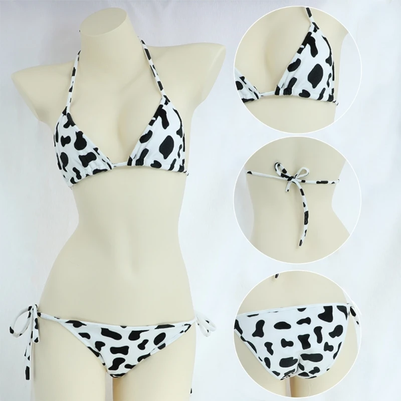 Womens 2 Piece Cute Milk Cow Print Tie Side Bikini Sets Japanese Anime Underwear