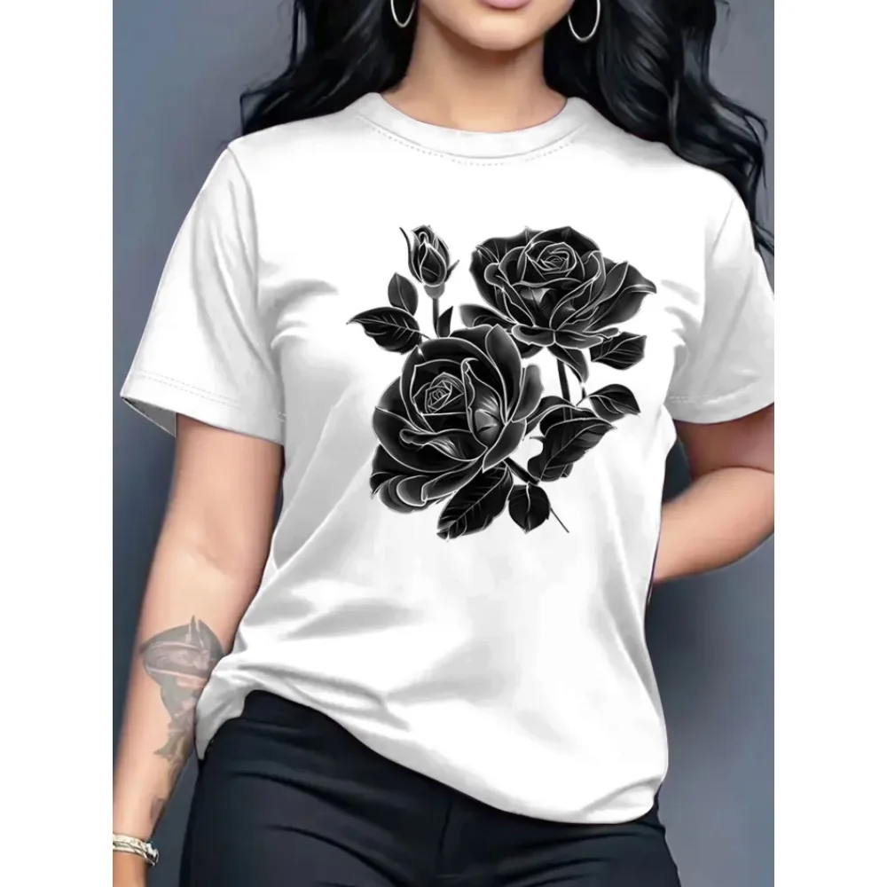 Green flowers on the negative print t-shirt short sleeve crew neck casual top Design in Vibrant Colors Urban Style T-Shirt
