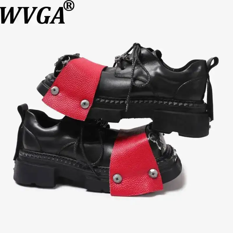 WVGA Spring Autumn New Men Washed Top Layer Cowhide Square-Toe Thick-Soled Metal Ring Buckle Genuine Leather  Derby Shoes W25169