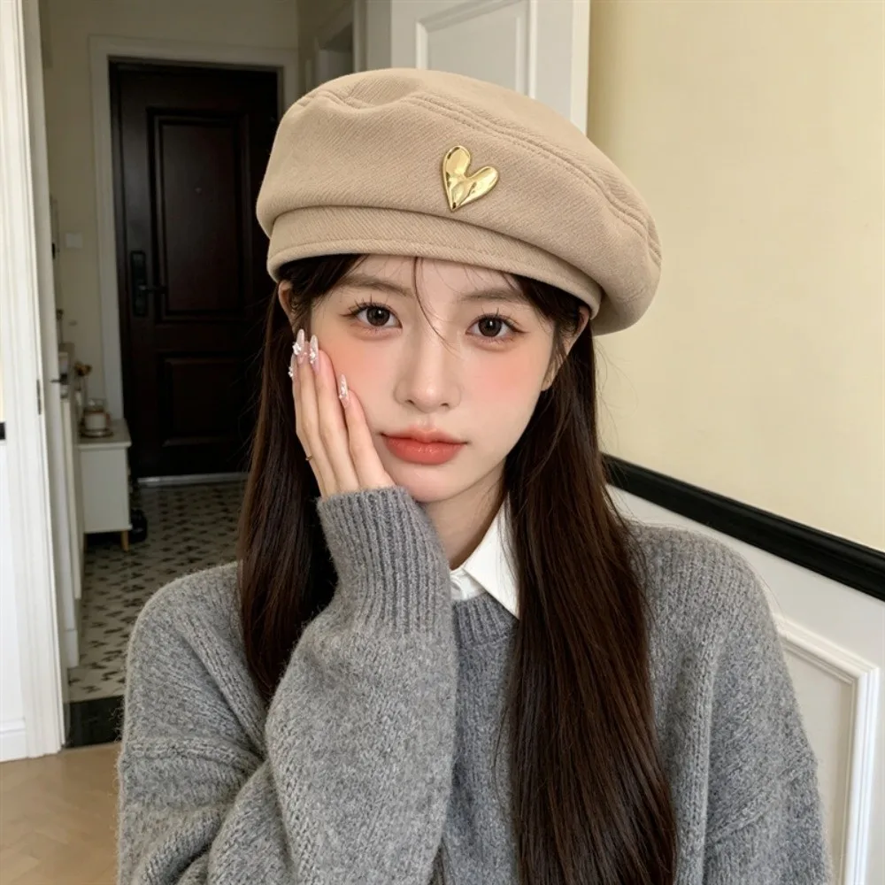 Soft Vintage Beret Hat Heart Decor Thermal Texture Cartoon Bear Cap Lightweight Exquisite Retro Painter Bonnet