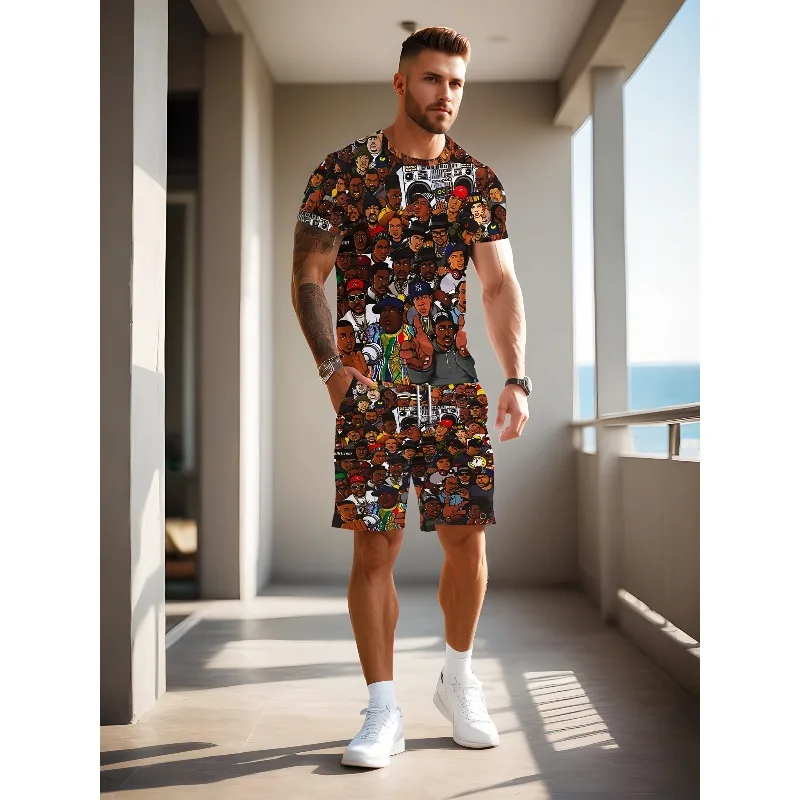 2025年夏の必須アイテム、クリエイティブなレトロ3Dデジタルプリントメンズ半袖ショートパンツセット、最新のファッショントレンド、カジュアルTシャツ