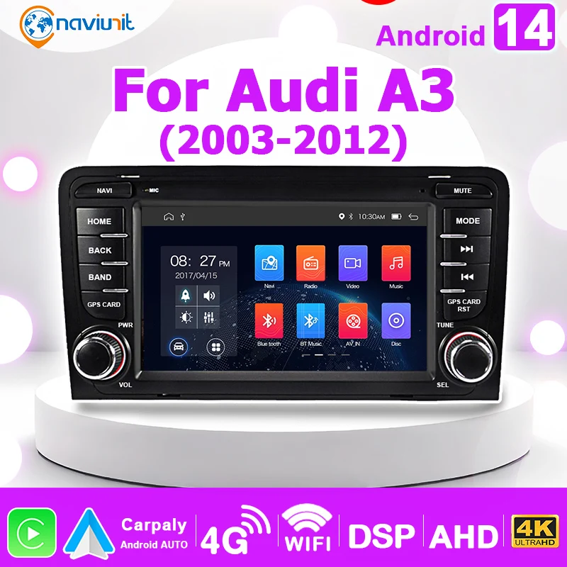 Android 14 AUTO Radio de coche estéreo Carplay para Audi A3 S3 8P RS3 Sportback 2003-2012 Bluetooth 2 DIN 7 "pantalla reproductor Multimedia