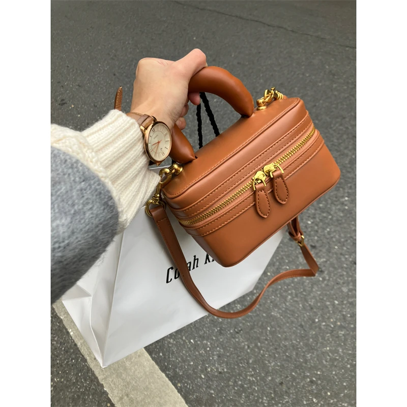 2023 New Brown Mini Handbag Korean Fashion High Quality Women\'s Simple Square PU Leather Casual One Shoulder Crossbody Bag