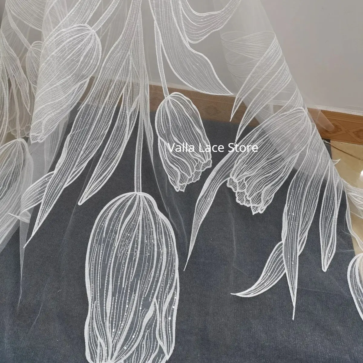 2024 New Big Flower Embroidered Tulip Flower Mesh Lace Fabric Bridal Wedding Veil Gown Sewing Fabric